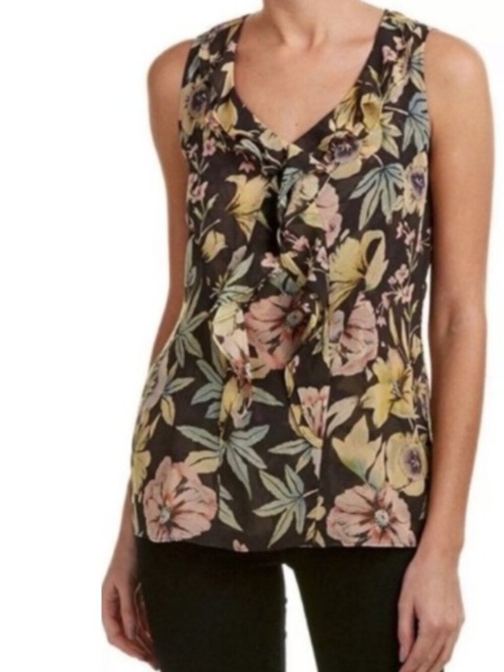 Cabi Brand Women's size Large Osaka Nights Floral Ruffle Tank Top Blouse
